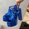 women 2024 Ladies Genuine real patent leather sandals chunky 14CM high heels summer 5CM platform Square head Casual peep toe party wedding Narrow Band buckle sa
