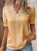 Womens Summer Top 2024 Solid Sexy VNeck Hollow Short Sleeve Shirt Fashion Splice Plus Size Blouse Loose Street Apparel 240506