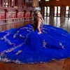 Royal Blue Shiny Quinceanera Dresses 2024ビーズスパンコールのレースアップリケTull甘い16ドレスボールガウンVestidos de 15 Anos