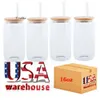 USA CA Stock 16oz Sublimation en verre Blanks Bamboo Lière grosée de bière givrée borosilicate Tas de tasses de pot de maçon avec paille en plastique 50pc / C 0514