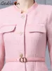 Casual Dresses Gedivoen Winter Fashion Runway Pink Vintage Party Dress Women Stand Collar Button Pockets Sashes samlade midja Slim Mini
