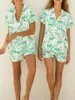 Roupas domésticas 2024 Summer Beach Wear Women 2piece Pijama Conjunto de impressão gráfica Camisa de fechamento de botão de manga curta com shorts