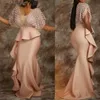 Dubai Arabic African Mermaid Prom Dresses Deep V Neck Satin Abito da sera Sampata Dress Abito Formale Evening Party Wear Og 214T