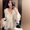 Women's Blouses 2024 Mesh Tie Up Crop Tops Women Long Flare Sleeve V Neck Ruffle and Blouse Summer Zie door sexy casual shirts vrouw