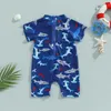 Two-Pieces 1-5T boy swimsuit childrens short sleeved swimsuit beach shark/dinosaur print swimsuit dark blue light blueL2405