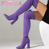 Boots Fashion Flock Women Over Knee High Healled Motorcycle Candy Color Casual Casual Sapatos de inverno elegantes