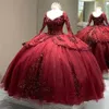 Burgundy Sparkly Quinceanera Dresses 2022 Long Sleeve Lace-up corset Flowers Sequins Princess Sweet 15 prom Ball Gown vestidos de fiest 288E