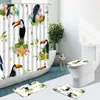 Douchegordijnen 4 stks tropische plantengordijn Toucan bloem waterverf groene bladeren badkamer set niet-slip tapijten toiletbedekking bad mat tapijt