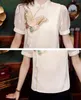 女性用ブラウスチャイニーズスタイルのマシン刺繍シフォンシャツバタフライ服2024夏の半袖トップファッション