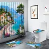 Душевые занавески Приморский город океан пейзаж набор ванная комната для картины маслом.