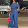 Plus Size Denim Jumpsuit Women Off Shoulder Ruffles Byxor Casual Straight Ben Wide Leg Pants Summer Elegant Clothing 240506