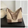 Bag Casual Tote PU Leder Canvas Frauen Schulter Retro Hollow -Präge -Zip -Hobo -Handtaschen große Kapazität Messenger -Taschen Blac