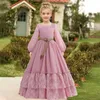 Girl's jurken Nieuwe 2-13t Girls Jurk Romantic Wedding Party Lange Jurk Girls Lace Long Sleeve Verjaardagsfeest Solid Princess Dress Y240514