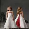 Vestidos de flor de cetim de cetim branco e vermelho para tiras de espaguete de casamento Bordado para crianças de renda infantil Festa de aniversário Primeira comunhão Vestidos A Linha L 298L