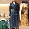 基本的なカジュアルドレスが倒れますbreasted waist denim long dress women lapel Sleeve cowboy韓国エレガントolジャンローブストリートウェアd dhxrg