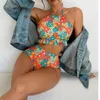 Kadın mayo çiçek baskısı bikini seti fırfır yular mahsul üstleri yüksek bel 2 adet mayo plaj giyme mayo