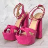 Sukeia New Stylish Women Ankle Strap Sandals Stone Pattern Chunky Heels Round Toe Pretty Fuchsia Party Shoes Ladies US Size 5-20