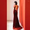 Parti Elbiseleri Şarap Kırmızı Velvet Gece Elbise Kadınlar Derin V Yez Nakış Sırtsız Denizkızı Zarif Gelinlik