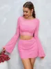 Casual Dresses Asia Summer Mesh Long Sleeve Solid 2 Piece Set Women Sexy Backless Sequins Crop Top And Mini Skirt Sets Party Matching Female