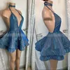 Sparkly Blue Sequin Short Party Homecoming Dresses Sexy Deep V Neck Halter Backless African Prom Dresses Graduation Gowns 236s
