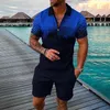 Summer Mens Fashion Trend Trend Fitness Sports V-образный вырезок на молнии шорты с короткими рукавами с двумя частями.