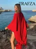 Camicette da donna trafza femlae chic ghirt raso rosso e bianco camicia mezza maniche asimmetriche in stile Capo donna autunno moda casual