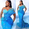 2024 ASO EBI Blue Mermaid Dress Cequine Kryształowe Kryształy wieczór Formalne przyjęcie Drugi przyjęcie urodzinowe suknie zaręczynowe sukienki szata de soiree ZJ59 0514