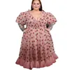 Maternity Dresses 5XL Plus Size Womens Pink Strawberry Mesh Dress European and American V-neck High Waist Puff Sleeves Princess Dress with RufflesL2405