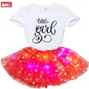Kläderuppsättningar 2024 Summer Autumn Kid Baby Girls Custom Print TOPS T-shirt Glow Sequins kjolar kläddräkt Kläderuppsättning