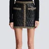 Robe en deux pièces Gold Chain Edge Decoration Grid Veste en cuir en cuir Cardigan manteau Blazer Black Mini jupe Tenue Femmes Short