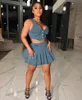 Work Dresses Sexy Pleated Denim Skirt Shorts Sets Summer Single Breasted Tank Crop Top And Mini Women 2 Piece Casual Outfits Blue Suits