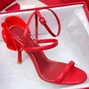 Designer sandals V high heels classic flower decoration luxury dress shoes Women genuine leather slim heels sandals red wedding shoes
