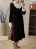 Sukienki swobodne 2024 Zimowe kobiety eleganckie czarne marszczeniowe sukienka midi Koreańska długa talia paliwa impreza moda solidna