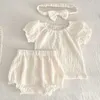 Kledingsets Babymeisjes Katoenkleding Zomer Outfit Pasgeboren baby Puff met korte mouwen Witte T -shirt + vaste shorts Sets met kanten booghoofdbanden