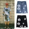 Men's Jeans High Street Denim Short Men Women Flower Graffiti Washed Shorts Vintage Loose Straight Breeches Pants Summer Streetwear