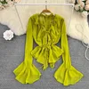 Women's Blouses 2024 Mesh Tie Up Crop Tops Women Long Flare Sleeve V Neck Ruffle and Blouse Summer Zie door sexy casual shirts vrouw
