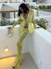 Printed Y2K Mesh Long sleeved Top Green and Maxi Skirt Bodycon Sexy Two Piece Beach Set Womens Club 240426