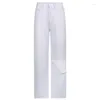 Frauen Jeans weiße Frauen in voller Länge gerade Loch Knie gerissene hohe Taille Baggy Jean 2024 Herbst weibliche lässige Mode -Jeanshose