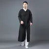 Etnische kleding Chinees verbeterde lang shirt vintage plaat gesp voor mannen traditionele tai ji suit vechtsportprestaties solide