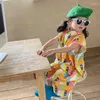 Kleidungssets 3-8T Kinder Mädchen Sommer-Overall-Hemd-Hemdkragen Kurzarm Rompers Drucken breites Bein langes Hosen Strandoutfits drucken