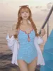 女性用水着赤いスカラップリム水着セクシーな女性青い格子縞2024水泳入浴スーツワンピーススーツサマービーチウェアモノキニ