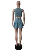 Work Dresses Sexy Pleated Denim Skirt Shorts Sets Summer Single Breasted Tank Crop Top And Mini Women 2 Piece Casual Outfits Blue Suits