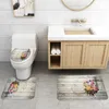 Badmattor Mattor och duschgardin Set 4st Randig blommig tryckt badkar Anti Slip Toalettmattor Absorberande vattenmattor