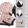 Home Vêtements 4 pièces femme vêtements de sommeil pyjamas ser avec robe sexy dentelle lingerie peignoir en soie de nuit vêtu de satin