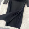 Casual jurken schuimlina elegante vrouwen zwarte lente herfstjurk sexy transparant mesh lange mouw slanke bodycon zijkant split midi party robe