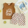 Conjuntos de roupas Lioraitiin Preschool Boys Summer Summer Letter Cart Print Print Tank Tampa e shorts elásticos elásticos quadriculados Conjunto D240514