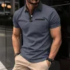 Men's Polos High Quality Cotton Blend Fabric POLO Shirt Classic Lapel Button Pocket Embellished Short Sleeve Top