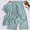 Dames tweedelige broek Spring zomer vrouwen comfortabele raglan mouw split-pullovers geplooide breedbeen dunne elastische band losse tweedelige set