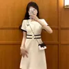 Casual Dresses Office For Women short Sleeve Button Lapel Waist Belt A Line Elegant Work Business Church Wear Asian size S-XL