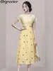 Work Dresses Temperament Dress Two Piece Set For Women Yellow Crop Tops Polka Dot Print Strapless Strap Suits Female 2 Outfits